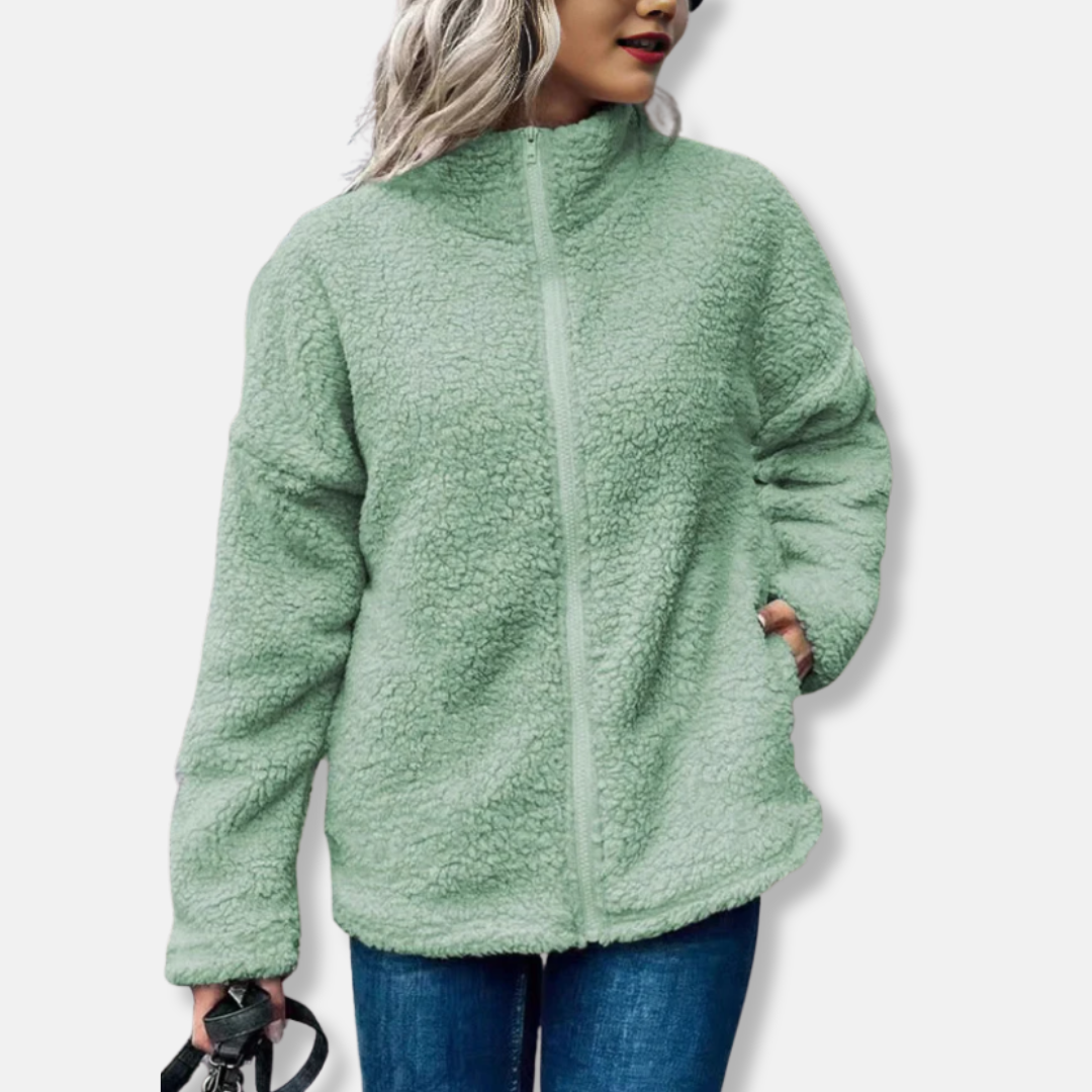 Women’s Fleece Jacket – Oversized Fit – Plush Texture – Stand Collar – Zip Front