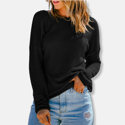 Women’s Long Sleeve Top – Waffle Knit – Relaxed Fit – Drop Shoulder – Ribbed Cuffs