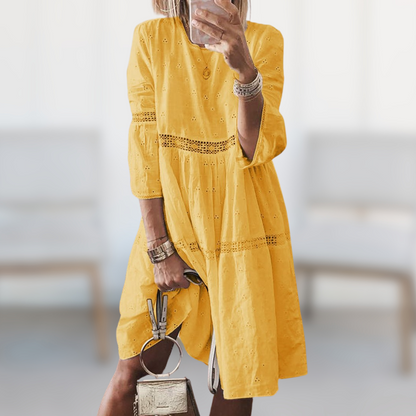 Women's Embroidered Dress - Knee-Length - Three-Quarter Sleeve - Elegant Eyelet Detailing