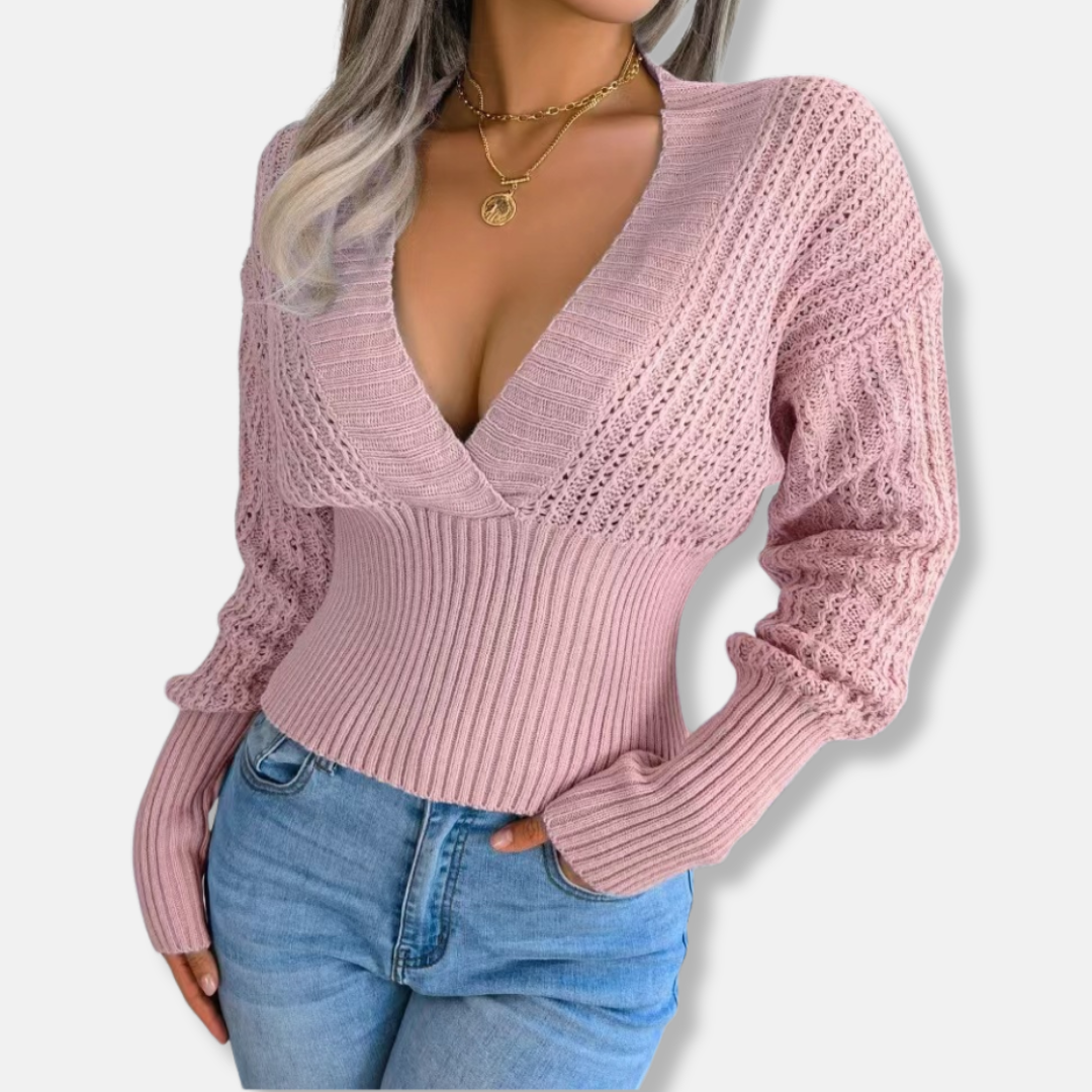 Women’s Knit Top – Slim Fit Wrap Style – Deep V-Neck – Ribbed Waist – Open-Knit Sleeves