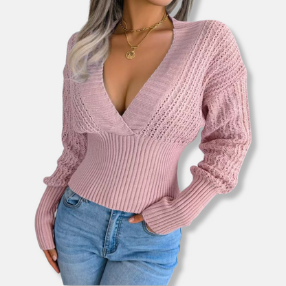 Women’s Knit Top – Slim Fit Wrap Style – Deep V-Neck – Ribbed Waist – Open-Knit Sleeves