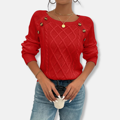 Women’s Knit Top – Relaxed Fit – Cable Knit Texture – Dropped Shoulder – Button Detail