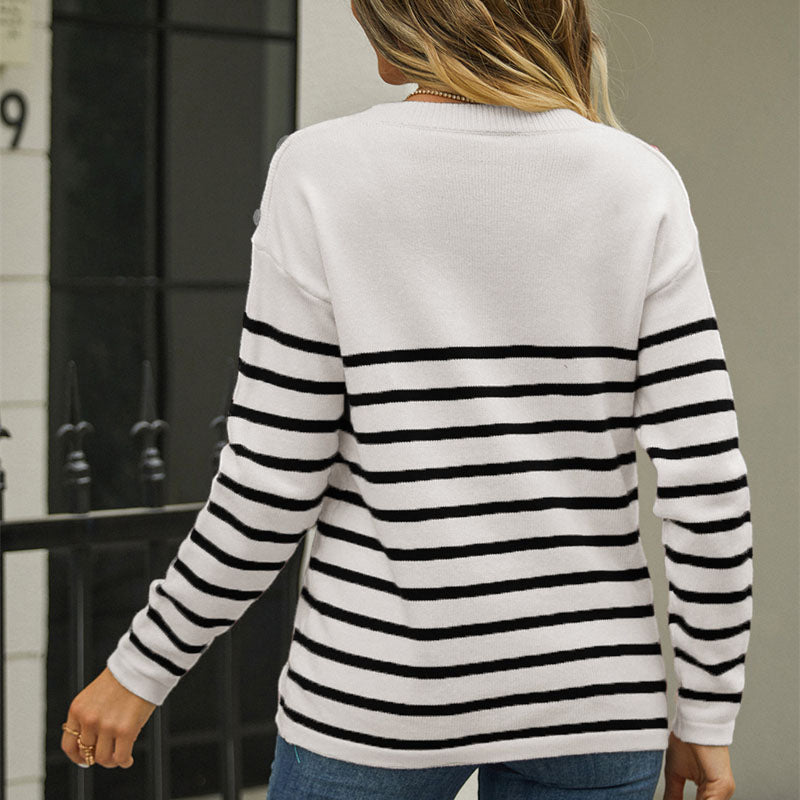 Women's Striped Sweater - Knit Fabric - Crew Neck - Long Sleeve - Button Detail