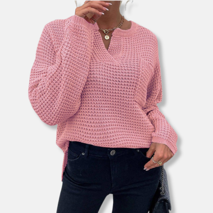 Women’s Sweater - Knit - Relaxed Fit - Notched V-Neck - Long Sleeve