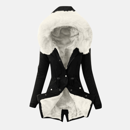 Women’s Jacket – Slim Fit – Plush-Lined Hood – Adjustable Waist – Mid-Length – Button Front