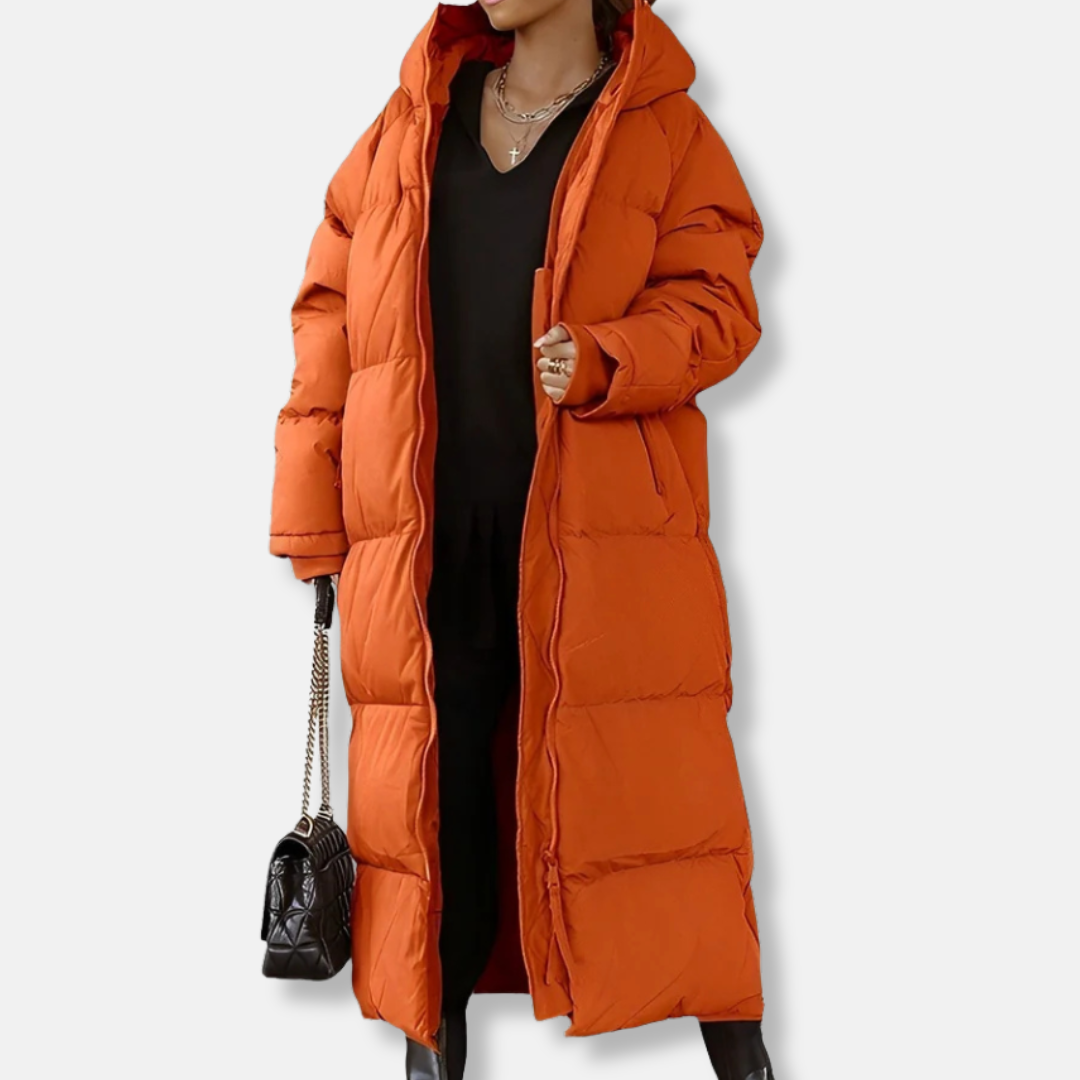 Women’s Long Coat – Oversized Fit – Quilted Padded Hooded Full-Length Outerwear