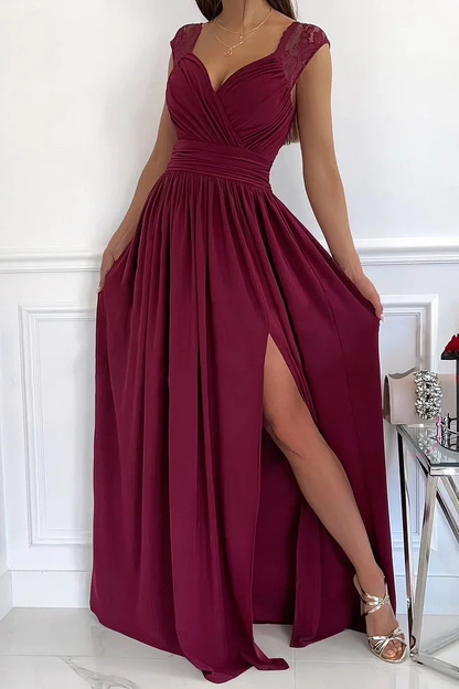 Women’s Evening Gown - Sleeveless V-Neck - Lace Shoulder Accents - High Slit Elegant Fit