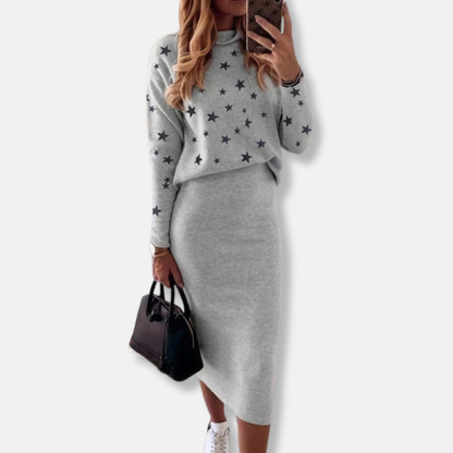 Women’s Two-Piece Set – Knit High Neck Top with Stars – Slim Fit Midi Skirt