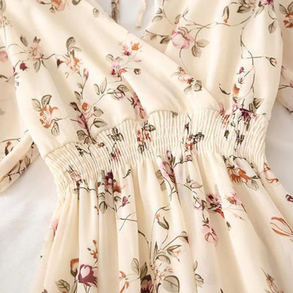 Women's Maxi Dress - Floral Print - V-Neck Cinched Waist - Short Flutter Sleeves