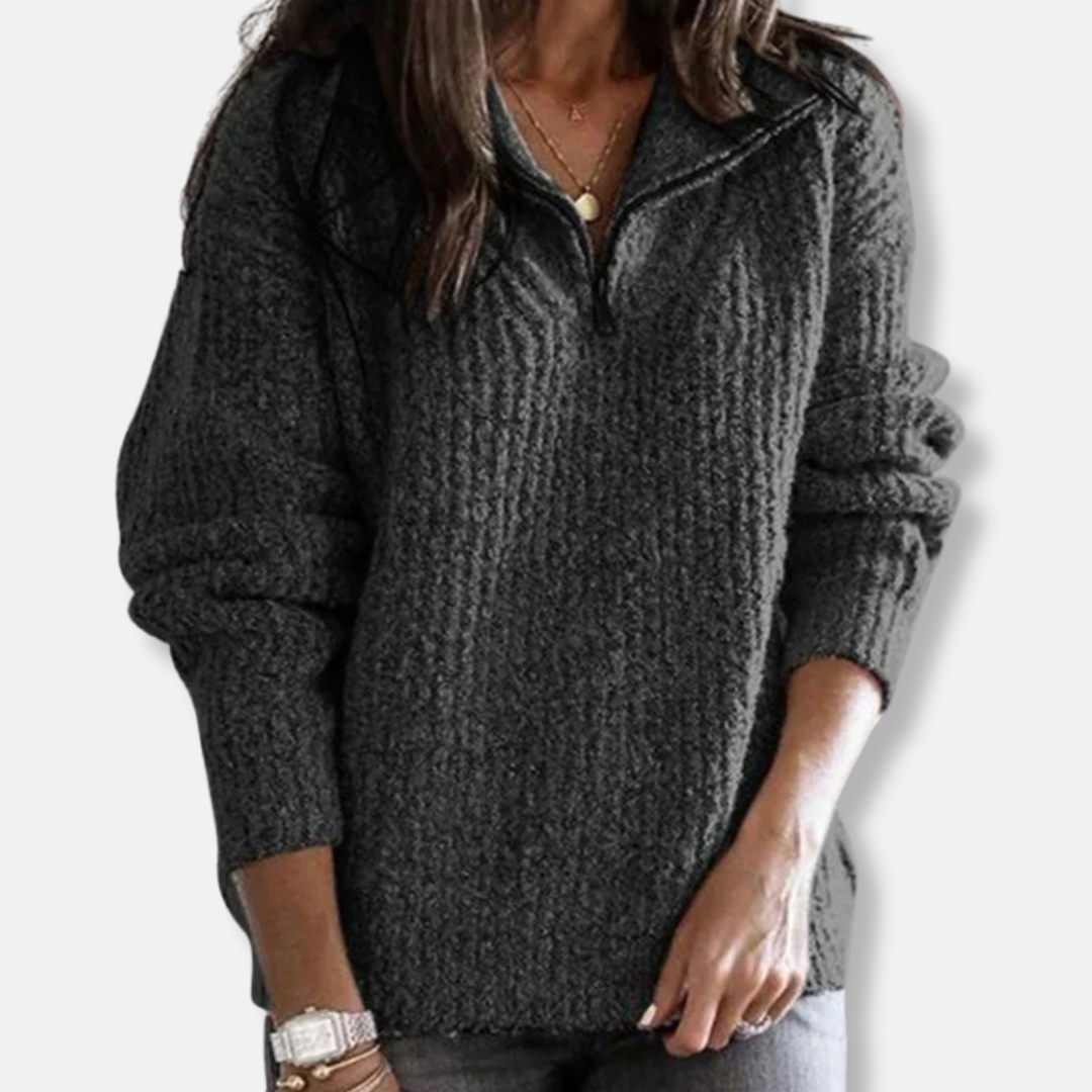 Isla Ribbed Half-Zip Pullover Sweater | Collared Relaxed Fit Sweater