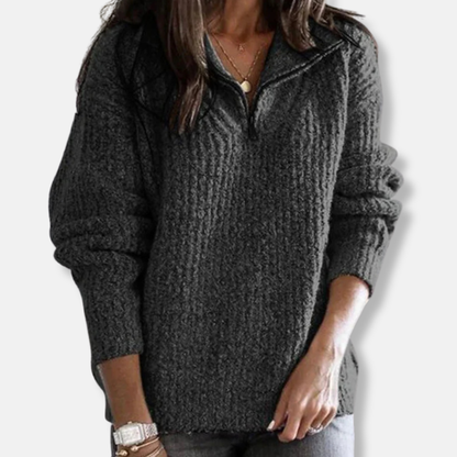 Isla Ribbed Half-Zip Pullover Sweater | Collared Relaxed Fit Sweater