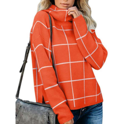 Women's fashion spliced high neck check sweater