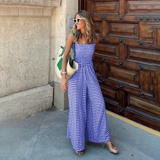 Gingham Flowy Wide Leg Jumpsuit