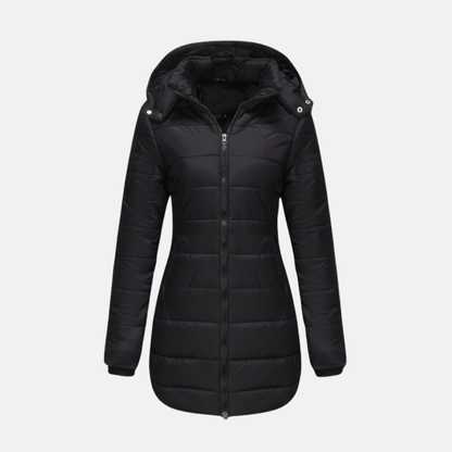 Women’s Longline Padded Coat – Quilted Design – Hooded – Two-Way Zipper – Structured Fit