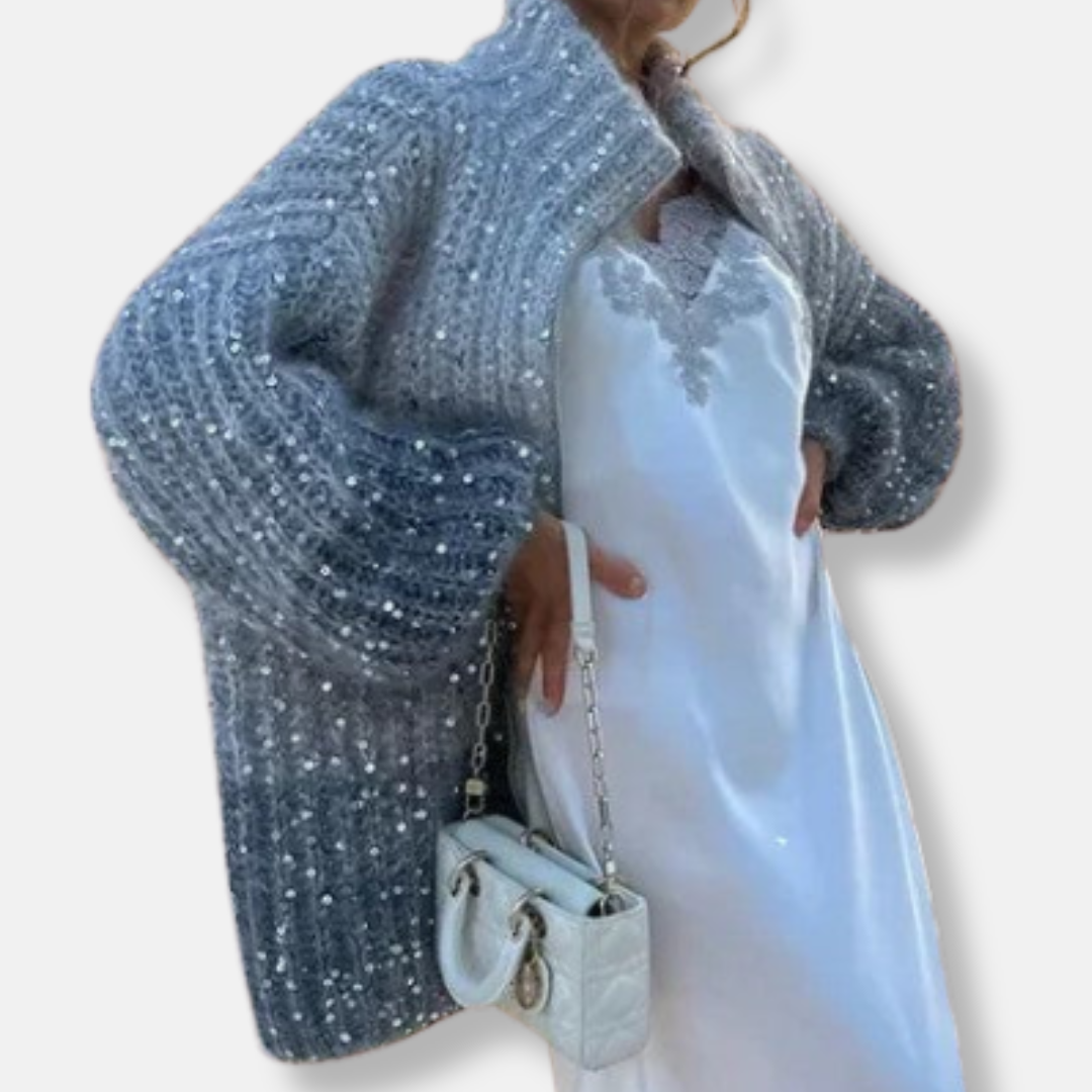 Oversized Wool Sequin Puff Sleeve Cardigan