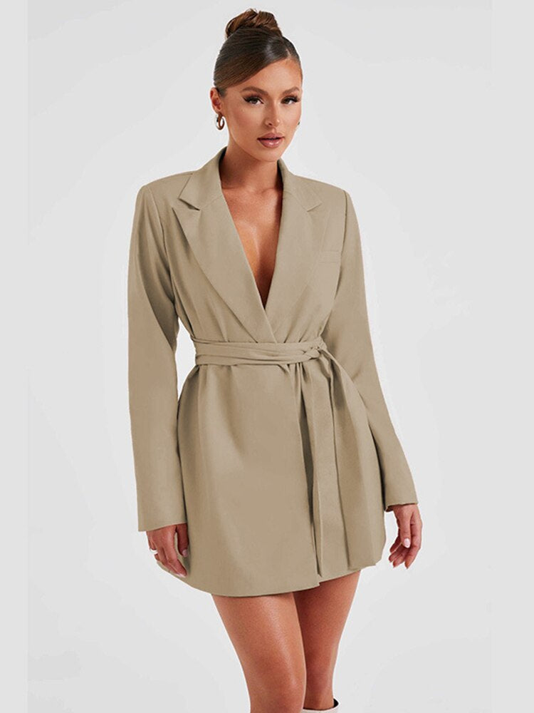 Women's Blazer Dress - V-Neck Tailored Fit - Long Sleeve with Self-Tie Belt - Short Length