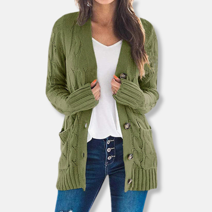 Isabella Wool Cable Knit Cardigan Sweater | Relaxed Fit Button Front Sweater