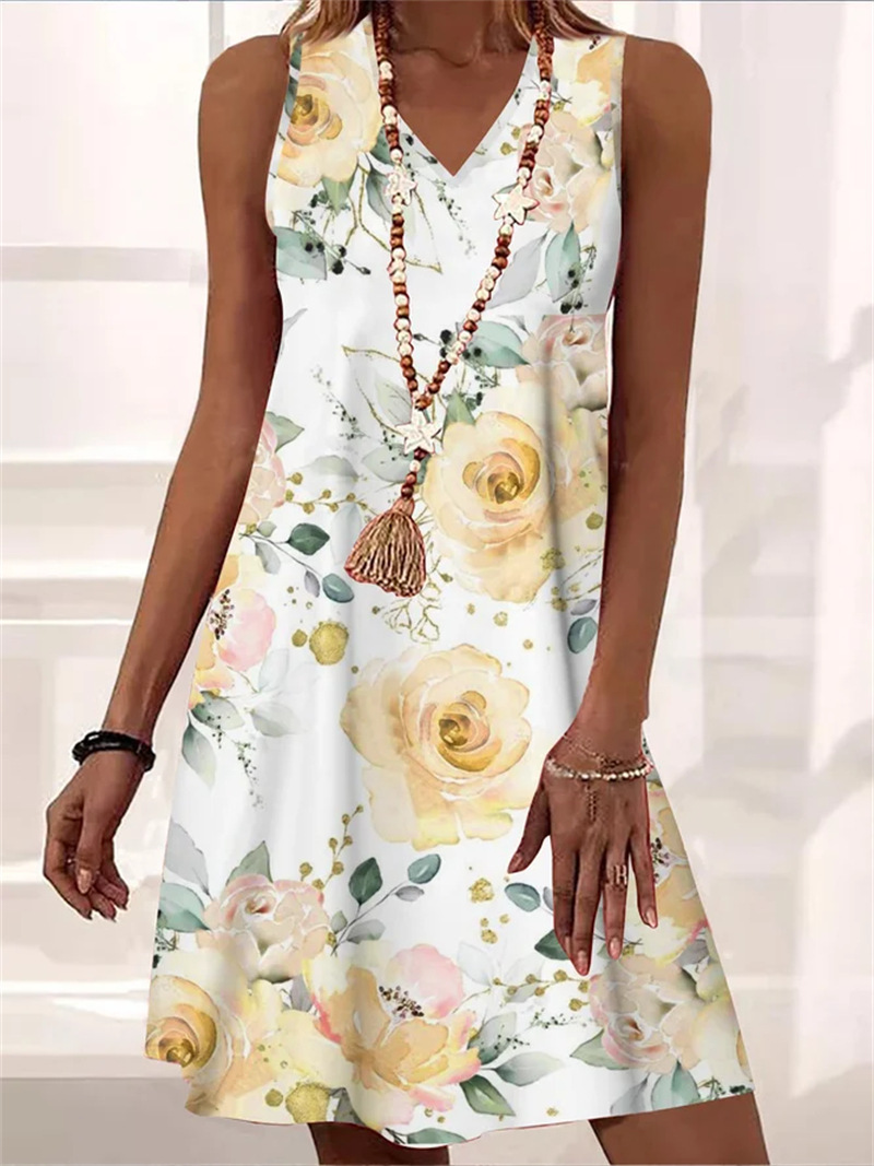 Women's Sleeveless Dress - V-Neck A-Line - Lightweight Floral Casual Wear