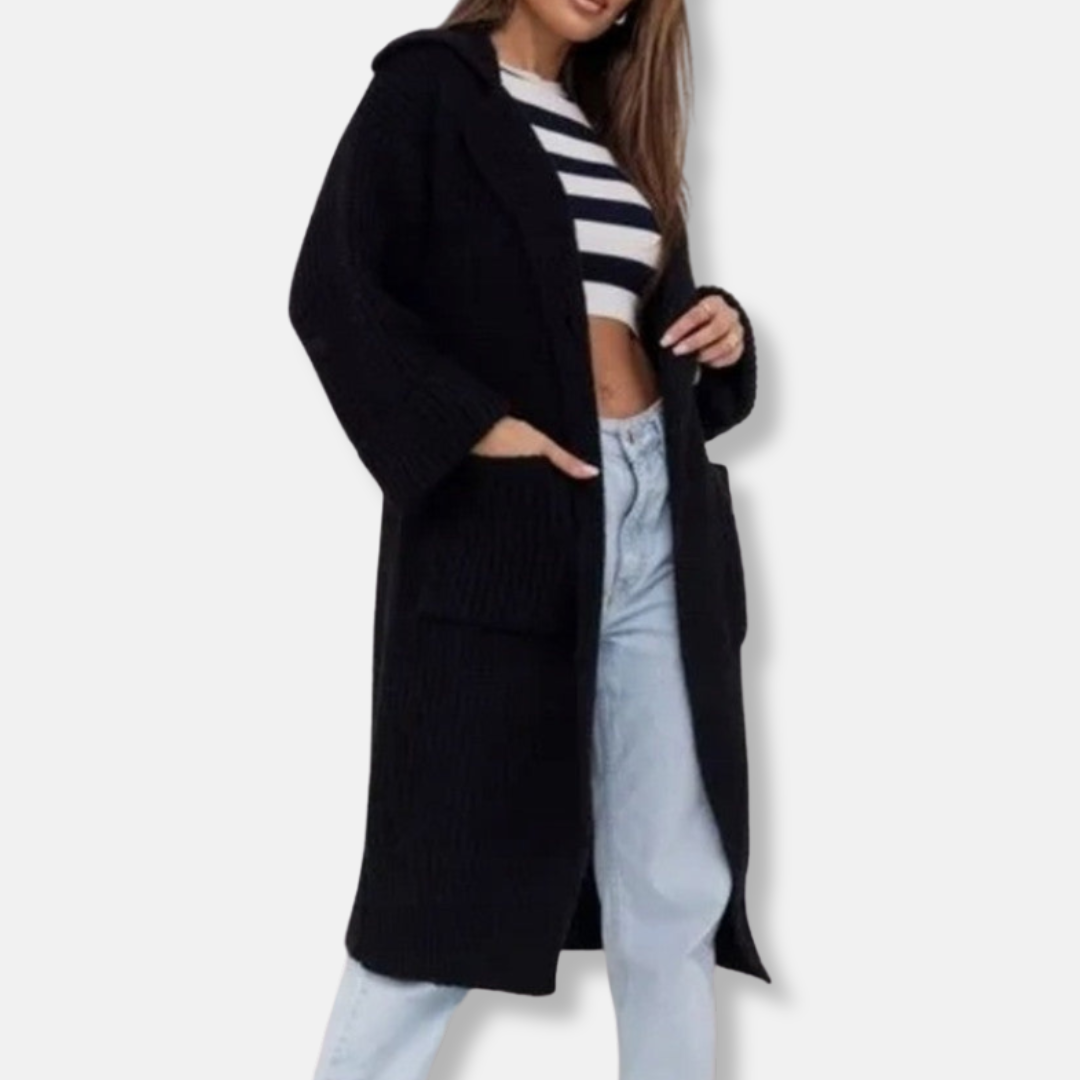 Women’s Long Knit Coat – Wool Blend – Oversized Fit – Hooded with Front Pockets