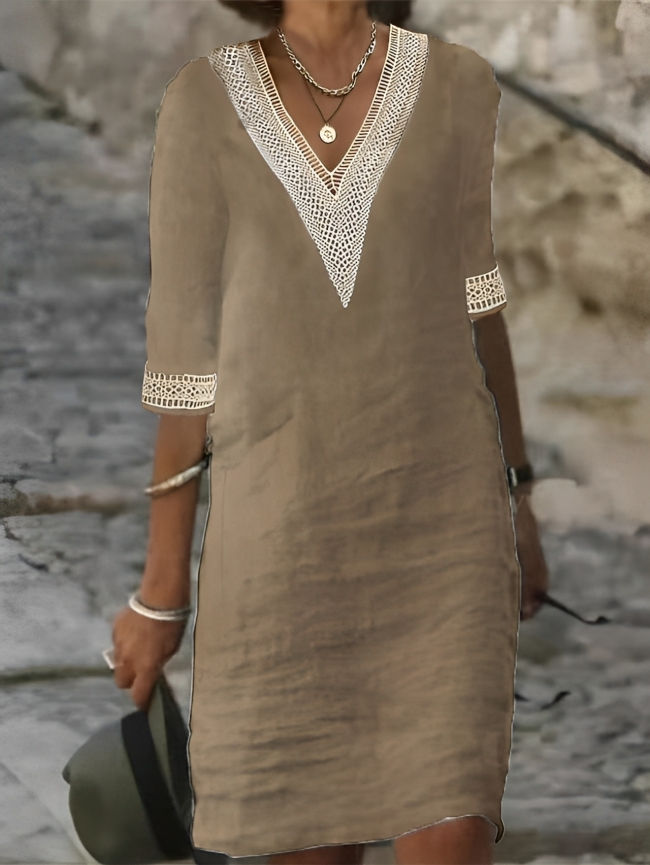 Women's V-Neck Dress - Lightweight Linen - Crochet Lace Detailing - Casual Wear