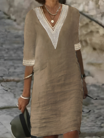 Women's V-Neck Dress - Lightweight Linen - Crochet Lace Detailing - Casual Wear