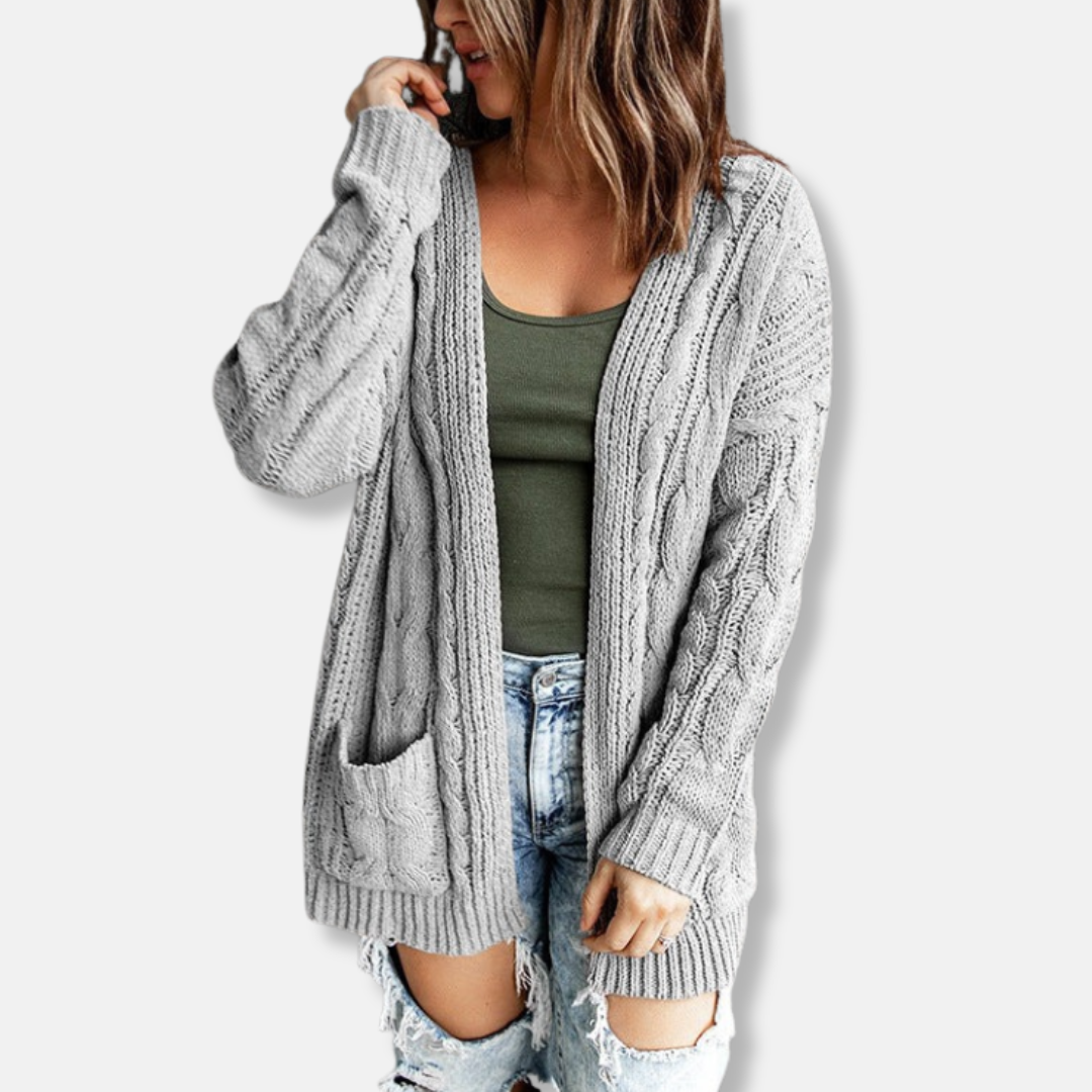Women’s Knitted Cardigan – Relaxed Fit – Cable Knit – Open Front – Front Pockets