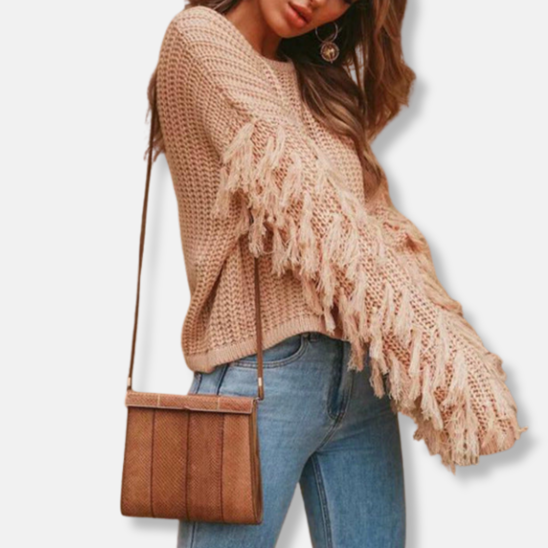 Isla Ribbed Fringe Hip-Length Sweater | Crewneck Relaxed Fit Sweater