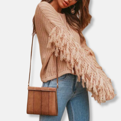 Isla Ribbed Fringe Hip-Length Sweater | Crewneck Relaxed Fit Sweater