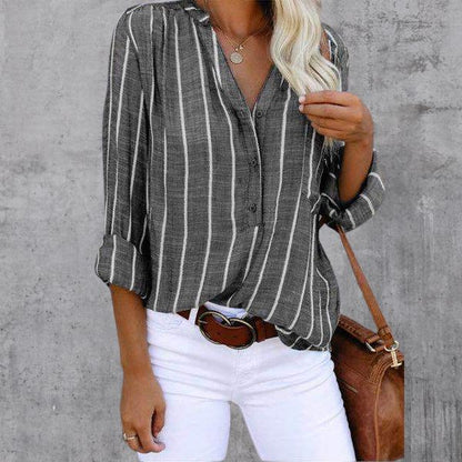 Women's Blouse - V-Neck Button-Up - Striped Design - Long Sleeve Relaxed Fit