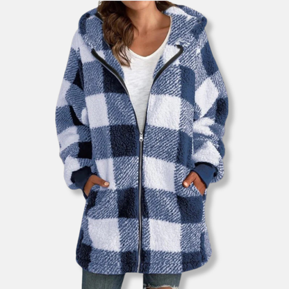 Women’s Jacket - Plush Fleece - Hooded - Buffalo Check Plaid - Mid-Thigh Length