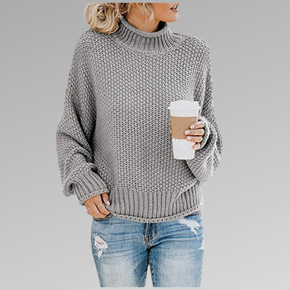 Women's Chunky Knit Sweater - Wool Blend - Oversized Fit - High Turtleneck Warm Pullover