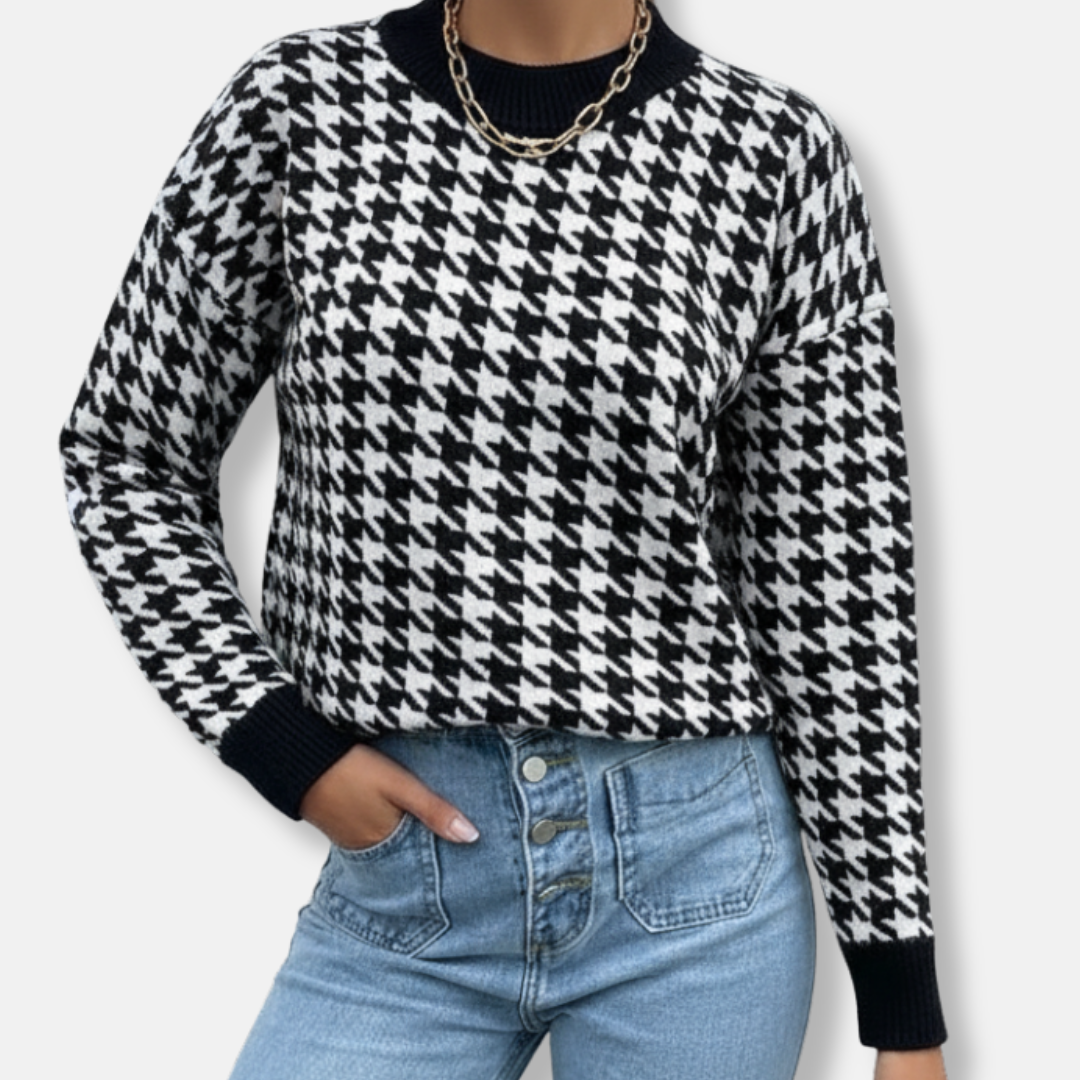 Isla Relaxed Fit Pullover Sweater | Houndstooth Ribbed Trim Sweater