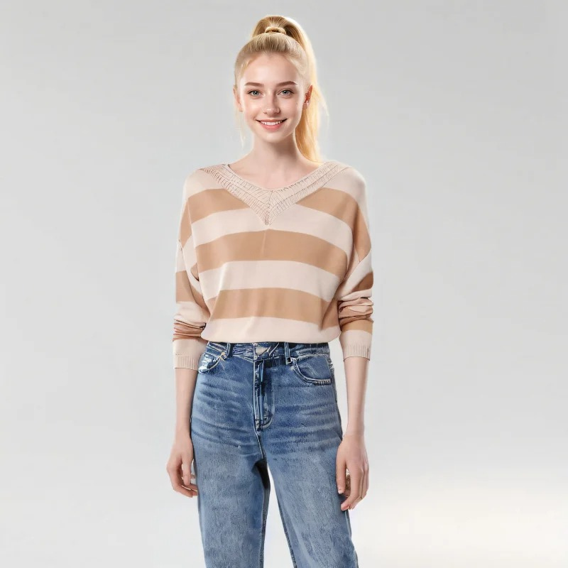 Trendy striped women's sweater with loose fit v-neck design