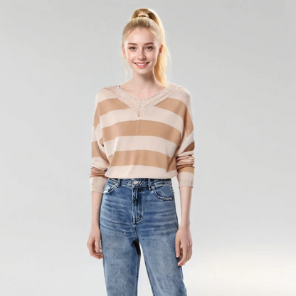 Trendy striped women's sweater with loose fit v-neck design