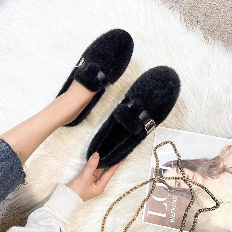 Isla Slip-On Loafer Flats | Furry Buckle Detail Loafer Flats