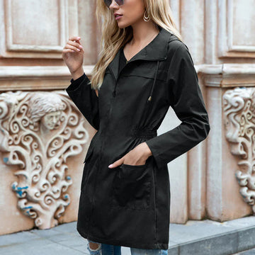 Comfy lightweight long raincoat with hood for women