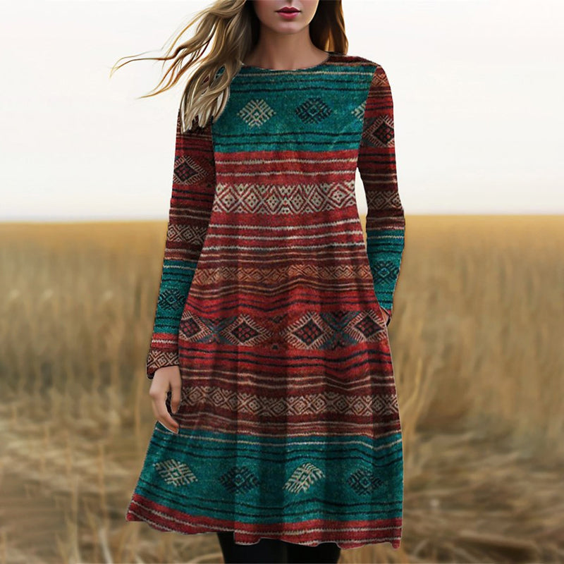 Women's A-Line Dress - Bohemian Geometric Print - Long Sleeve Knee-Length Casual Wear