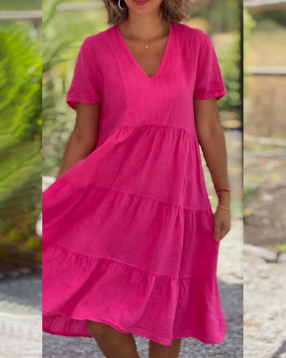 Women's Casual Midi Dress - V-Neck - Short Sleeve - Loose Fit Tiered Design