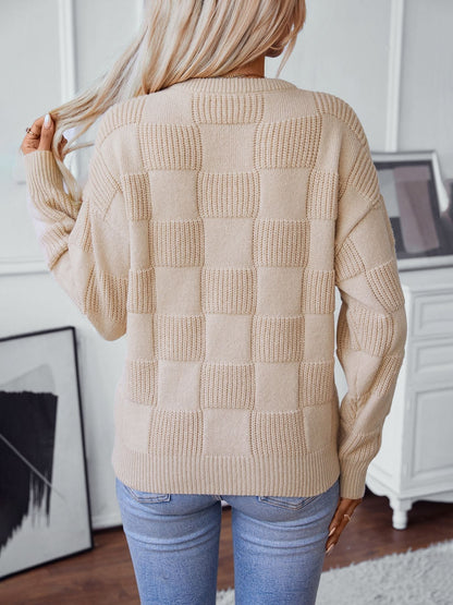 Women's jacquard checked round neck sweater