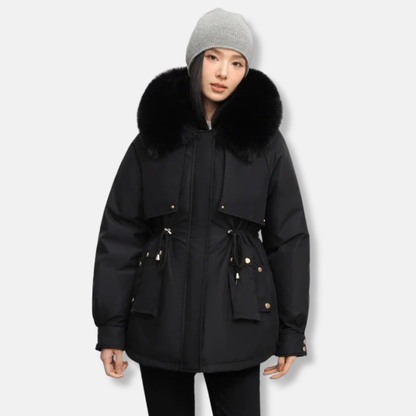 Women’s Parka Jacket – Water-Resistant – Faux Fur Collar – Adjustable Waist – Mid-Thigh Length