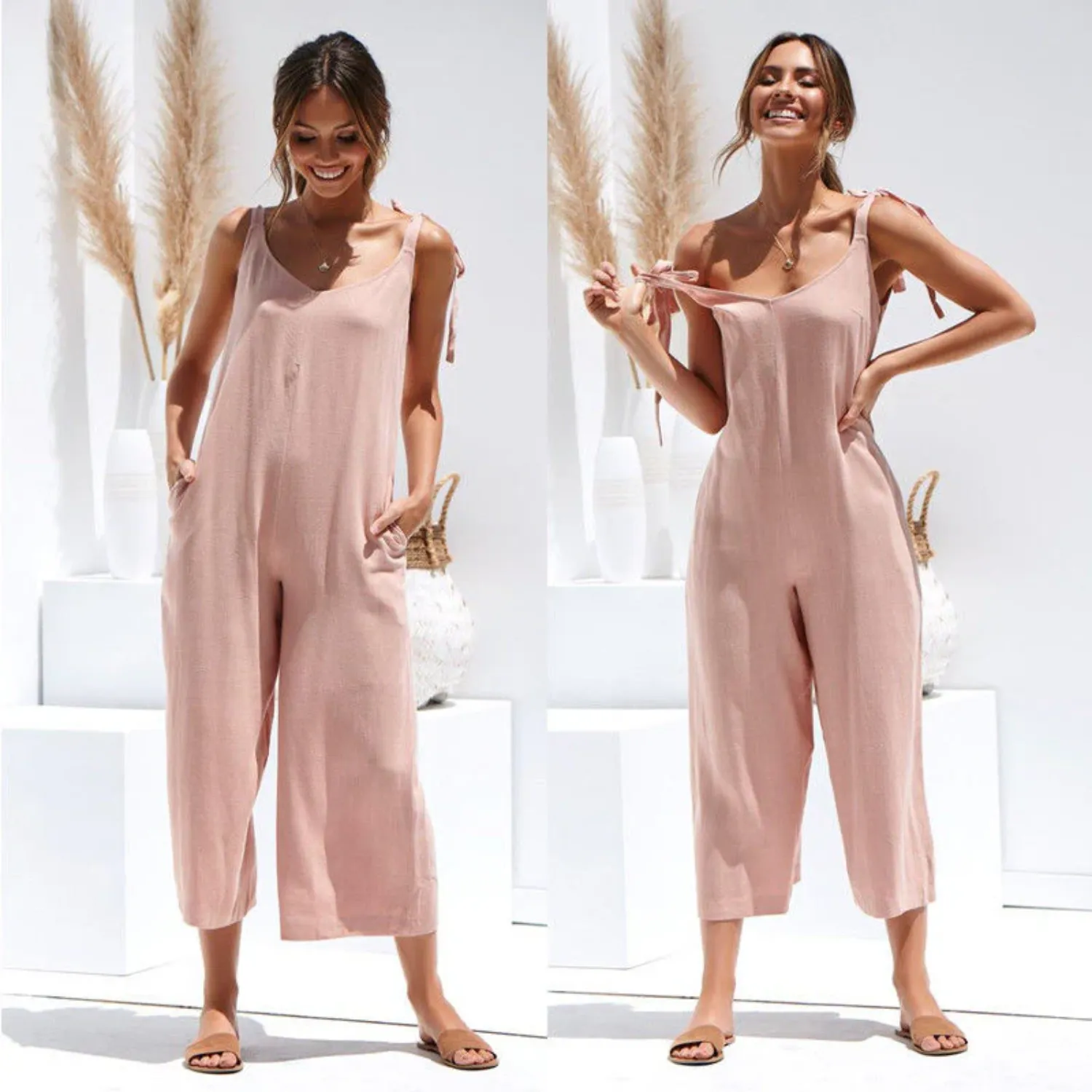 Sleeveless Wide-Leg Shoulder Tie Jumpsuit