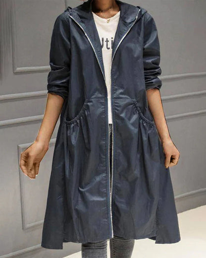 Women's Long Hooded Coat - Relaxed Fit - Zipper Closure - Casual Everyday Wear