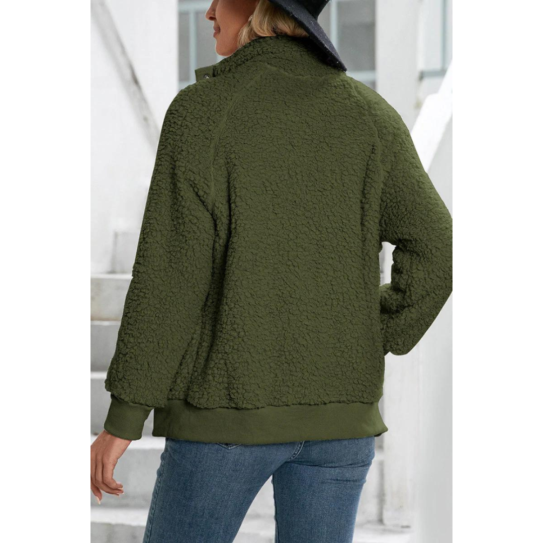 Women's stand collar button down fleece jacket