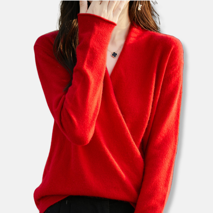 Women’s V-Neck Pullover Sweater – Wool Knit – Relaxed Fit – Long Sleeve Wrap Style