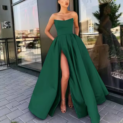 Women's Evening Gown - Strapless A-Line - Floor-Length with High Slit - Formal Wear