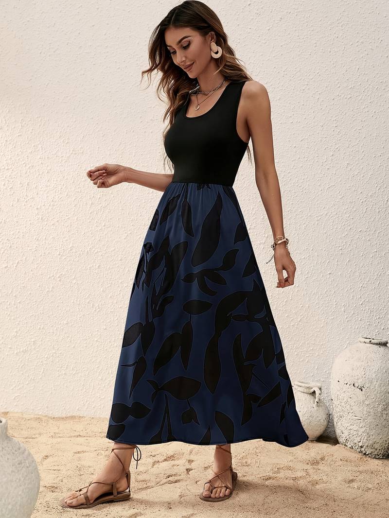Women's Sleeveless Maxi Dress - Fitted Top - Flowy Botanical Print Skirt - Lightweight