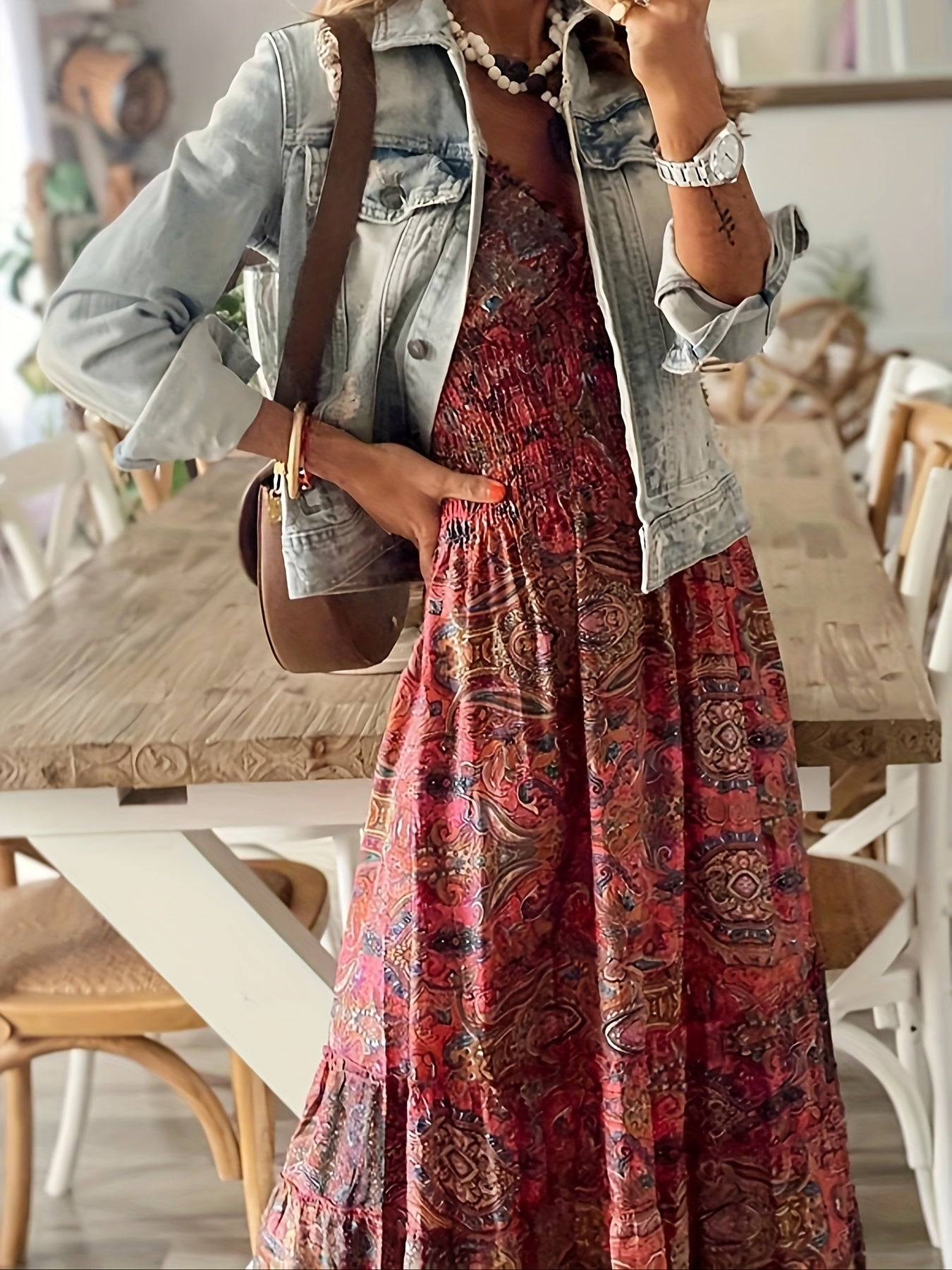 Women's Maxi Dress - Bohemian Paisley Print - Smocked Waist - Tiered Flowing Skirt