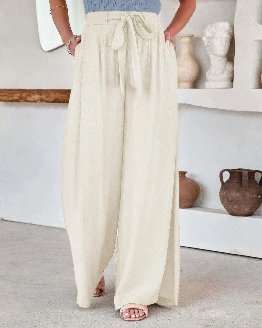 Women’s Wide-Leg Pants - High Waist - Tie Belt - Lightweight Flowy Fabric