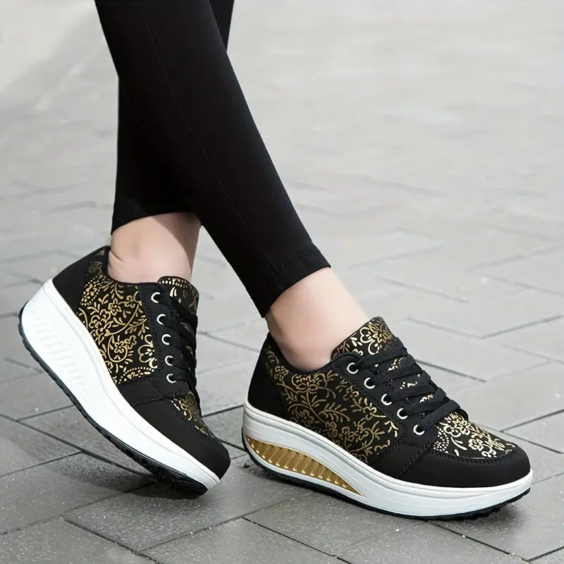 Women's Platform Sneakers - Floral Lace-Up - Cushioned Insole - Casual Comfortable