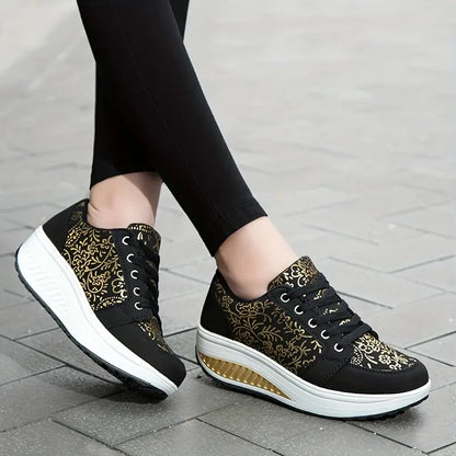 Women's Platform Sneakers - Floral Lace-Up - Cushioned Insole - Casual Comfortable